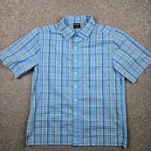 Scottevest Shirt Mens Small Blue Plaid Hidden Pockets Travel Utility Gorpcore